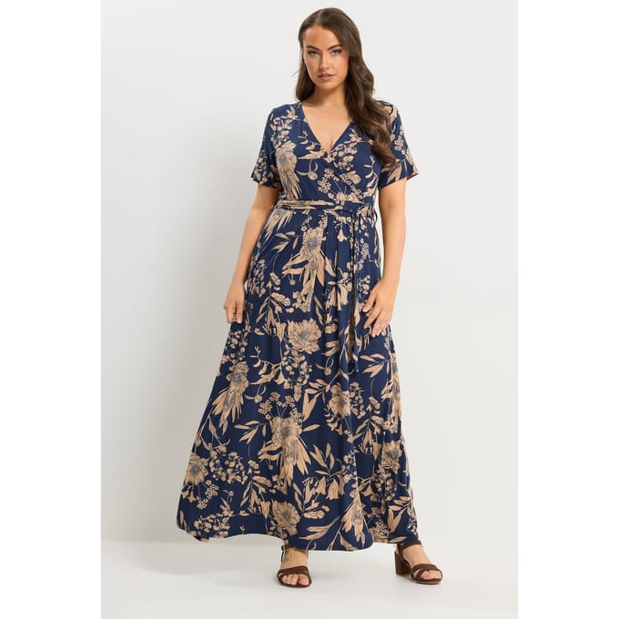 Yours Marineblauwe Wikkeljurk Met Bloemenprint Size 44