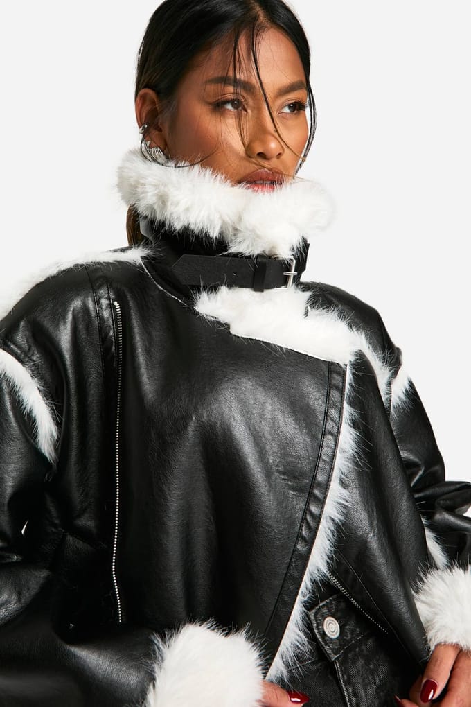 boohoo Dames Faux Fur Trim Oversized Aviator Jacket | Black | Maat: 8