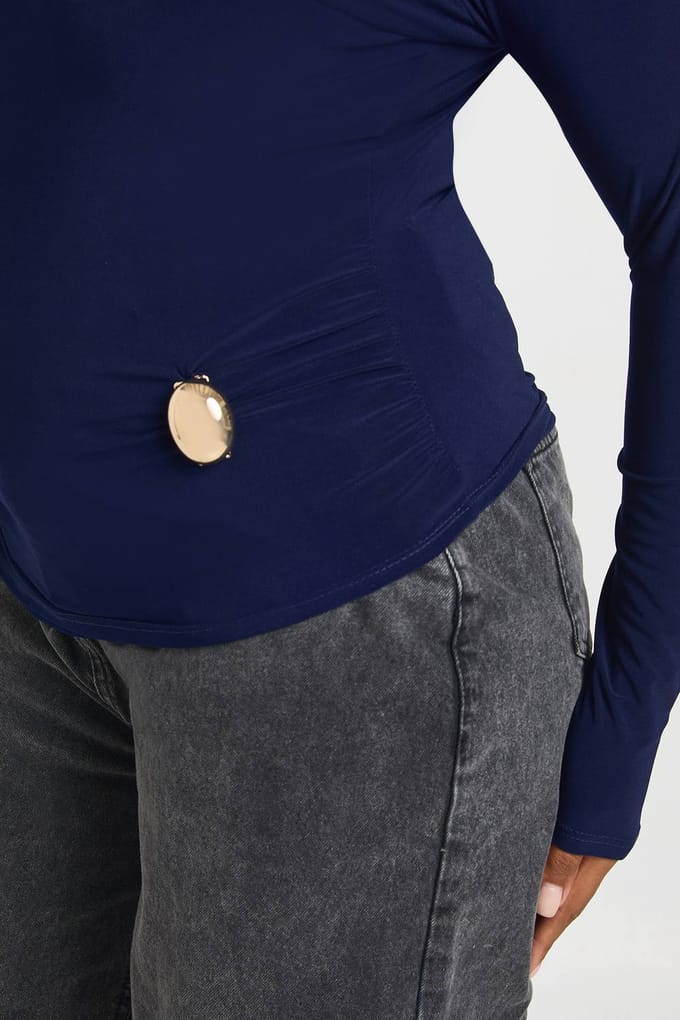 boohoo Dames Plus Lange Mouw Top met Gerimpelde Trim Details | Navy | Maat: 18