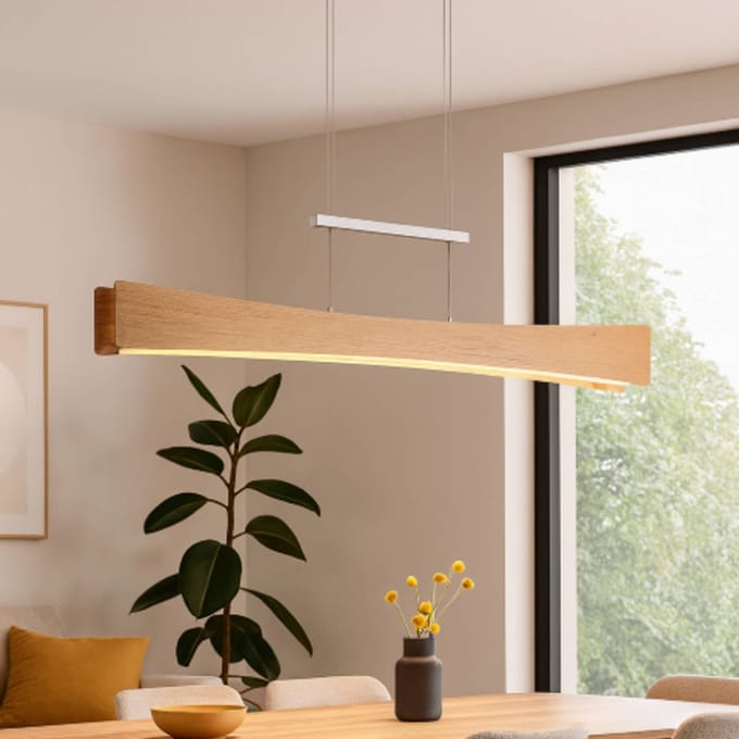 Elobra LED hanglamp Peru, eiken/nikkel, lengte 116 cm