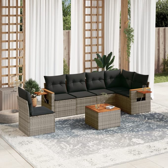 vidaXL - 7-delige - Loungeset - met - kussens - poly - rattan - grijs