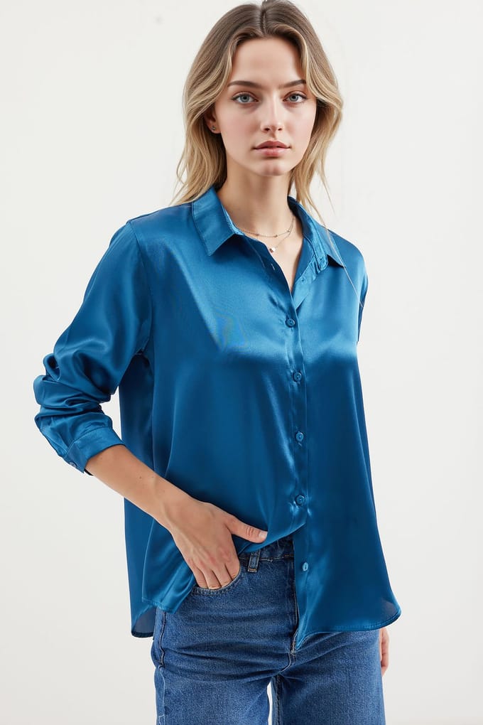 Satin Lange Mouw Knop-Up Shirt