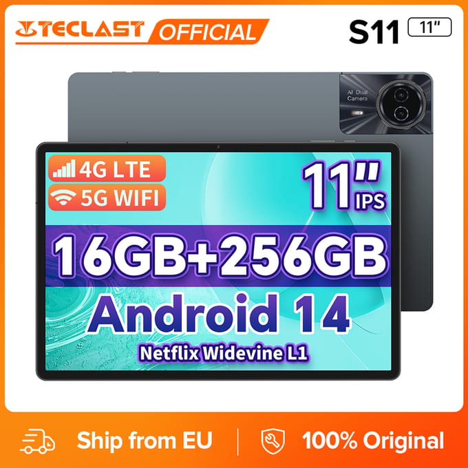 Teclast Odea S11, 11 inch tablet, max. 16GB RAM, 256GB ROM, 1920x1200 TDDI, Android 14, Octa Core, T606, GPS, 4G LTE, 13MP+8MP Tablet and Case