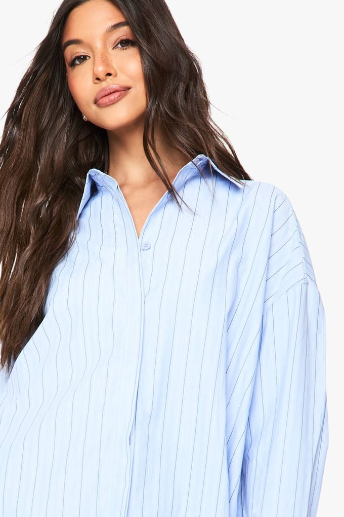 boohoo Dames Stripe Drop Shoulder Oversized Shirt | Blue | Maat: 6