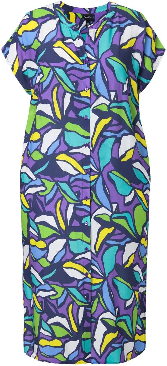 Ulla Popken - Dames - Midi-jurk bladeren oversized opstaande kraag korte mouwen - Purper - Maat 46+