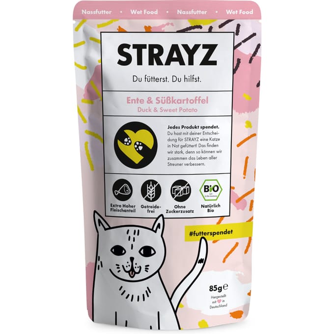 6x 85g STRAYZ Bio Eend & Biologische Zoete Aardappel Nat Kattenvoer