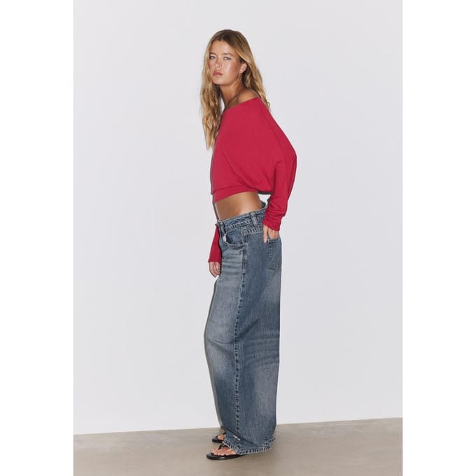 Stradivarius Barrel jeans met low-rise  MIDDENBLAUWE DENIM WASSING 34