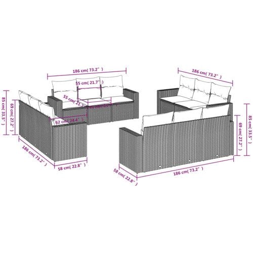 vidaXL - 12-delige - Loungeset - met - kussens - poly - rattan - lichtgrijs