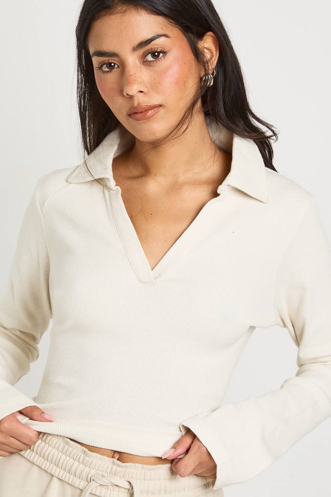 boohoo Dames Geribbelde Open Kraag Detail Top | Cream | Maat: 16
