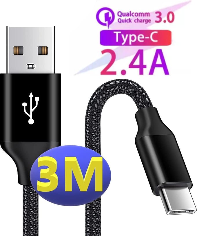 3 Meter Lange USB C Kabel - Gevlochten Nylon - Datakabel - Extra Sterk