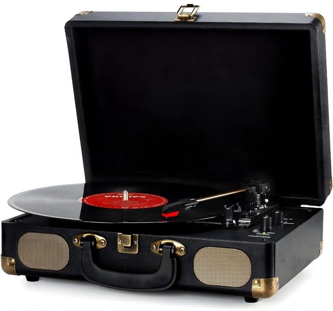 KAD® Platenspeler - Draagbare Koffer Platenspeler - Ingebouwde Stereo Luidsprekers - Zwart - ‎40cm x 34cm x 17cm