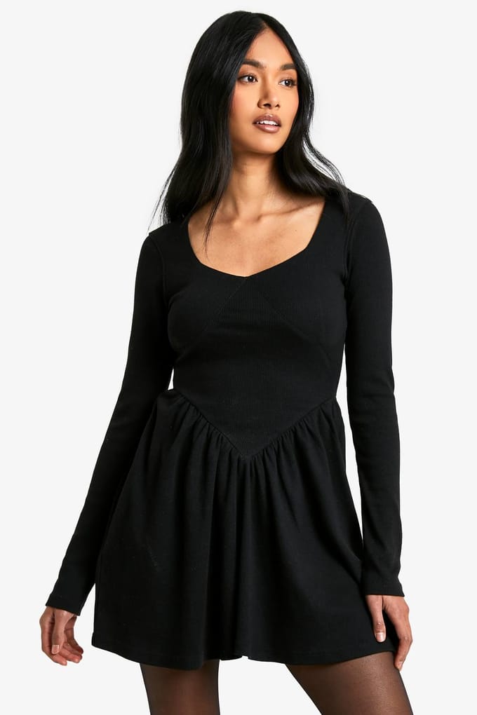 boohoo Dames Rib Dropped Hem Smock-jurk | Black | Maat: 8