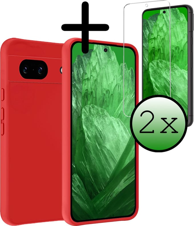 Hoesje Met 2x Screenprotector - Geschikt voor Google Pixel 8a - Sterk & Shockproof - Back Cover - Siliconen Case - Telefoon Hoes - Rood