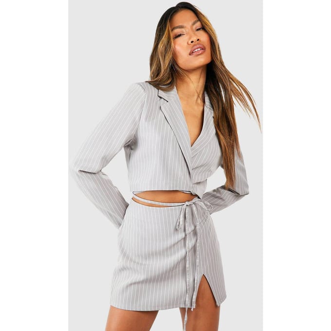 boohoo Dames Pinstripe Split Front Micro Mini Rok | Grijs | Maat: 36