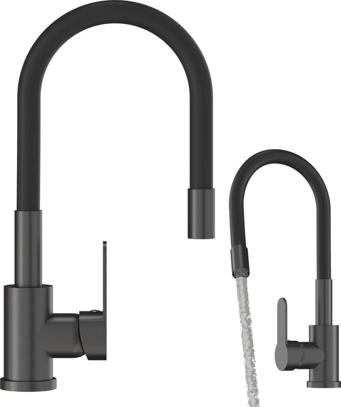 Granitan Keukenkraan Grado - met Flexibele Uitloop - Gun Grey