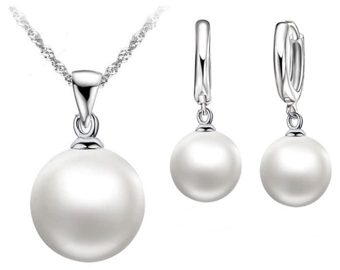 BY-ST6 Sieradenset parels ketting + oorbellen - wit