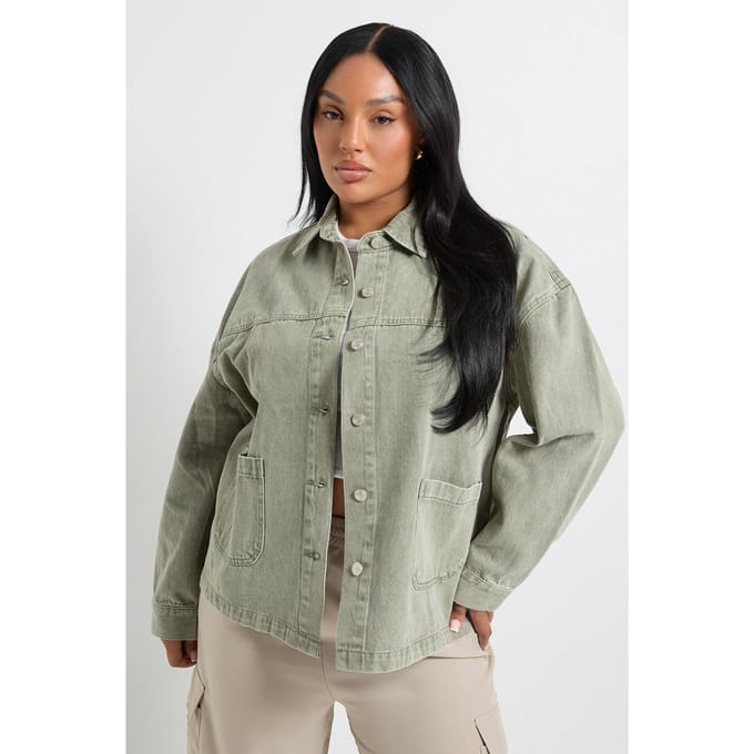 boohoo Dames Plus Khaki Gewassen Denimjas | Maat: 24