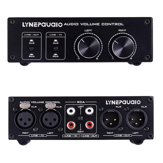 Passieve audiovolumeregelaar met volledig gebalanceerde en single-ended mode XLR- en RCA-interface voor zwart