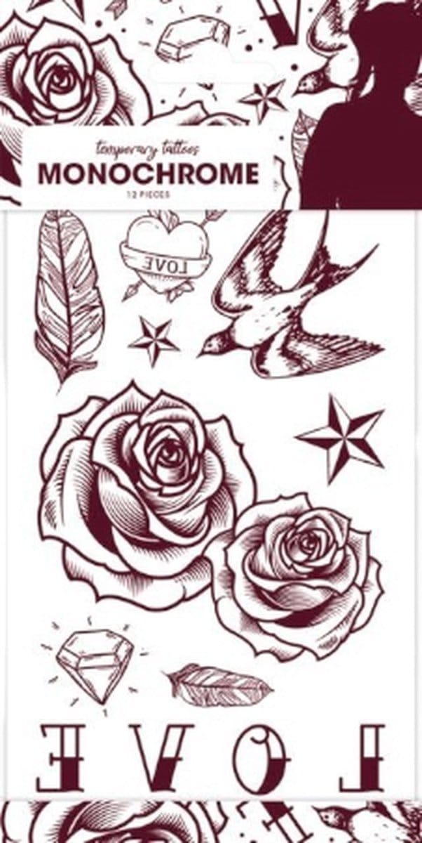 Plak tattoos - monochroom - 12 stuks