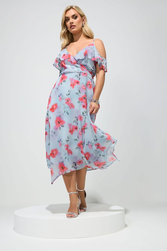 Yours London Blauwe Wikkeljurk Met Bloemenprint Size 48