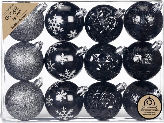 Inge Christmas kerstballen gedecoreerd - 12x - zwart - 6 cm -kunststof