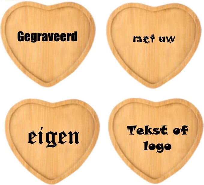 Houten hart vormige onderzetters gepersonaliseerd met uw eigen tekst - eigen ontwerp mogelijk