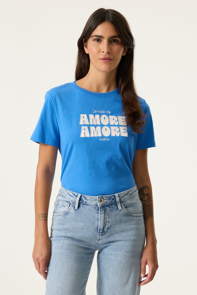 GARCIA Dames Tekst Print T-shirt Blauw Korte mouw