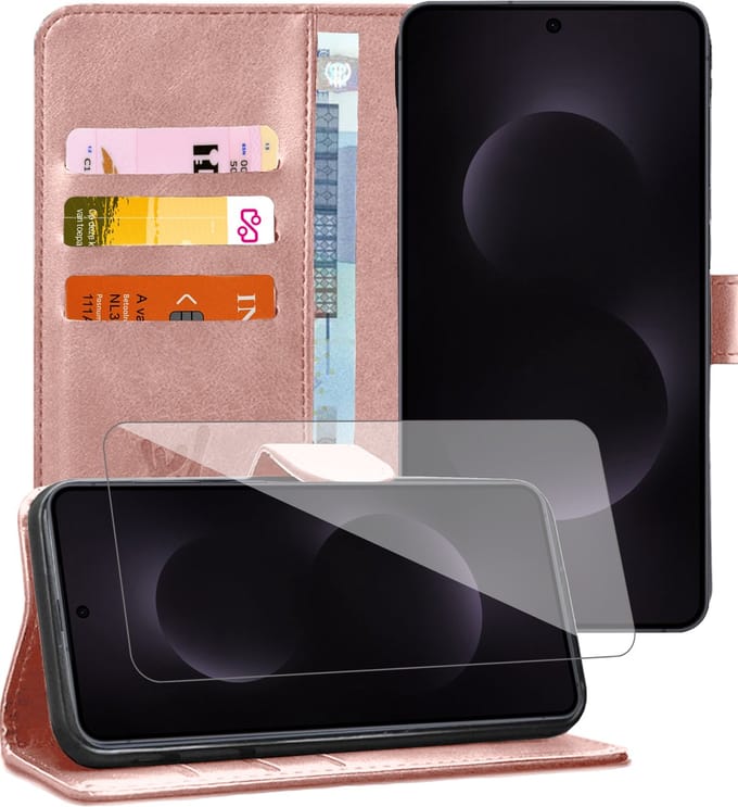Hoesje geschikt voor Samsung Galaxy S25 Edge - Screenprotector Glas - Portemonnee Book Case Rosegoud