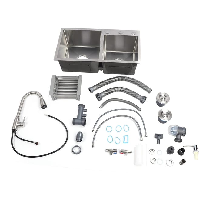 Kit Évier de Cuisine Encastrable Acier Inoxydable 304 Robinet Extractible Évier Double Bac 3 Trous avec Bonde gray
