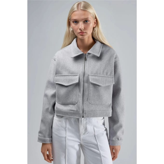 Crop Gabardine Jacket met Rits en Zak