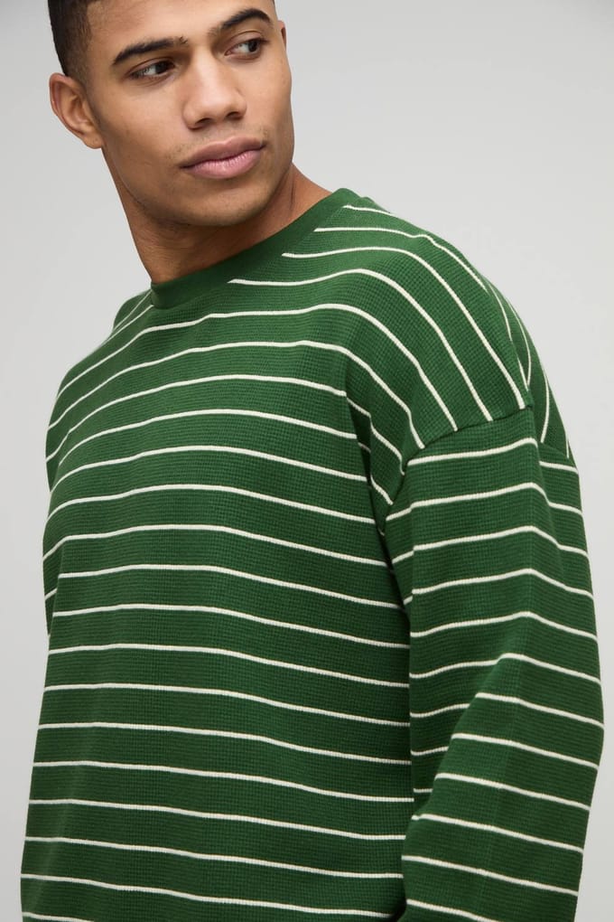 Oversized Gestreept Zwaargewicht Lange Mouw Wafel T-Shirt | Forest | Size Small