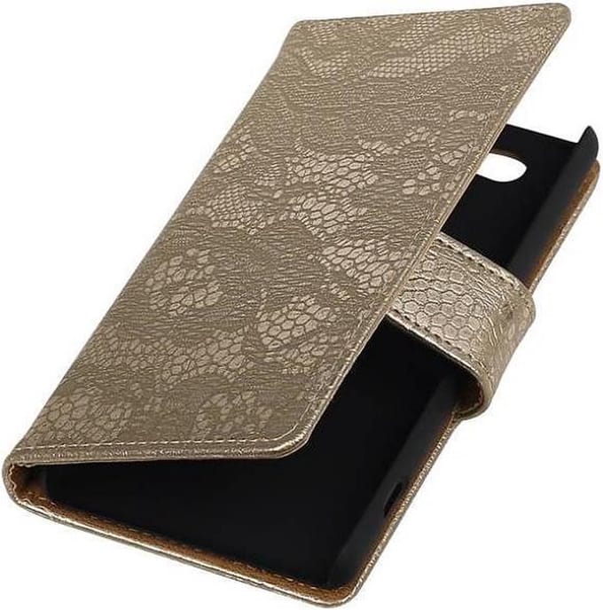 Lace Bookstyle Wallet Case Hoesjes Geschikt voor Sony Xperia Z4 Compact Goud