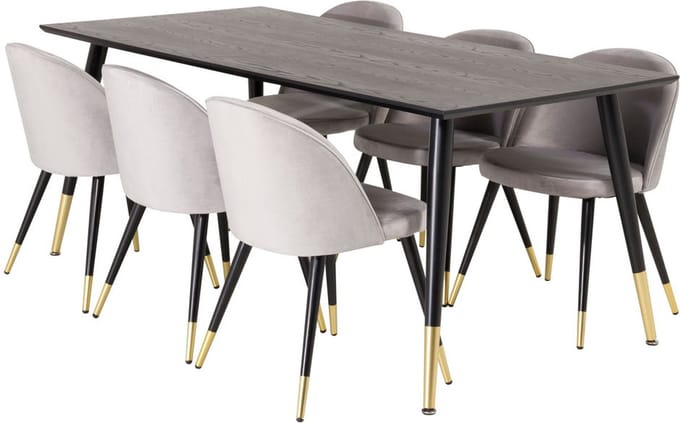 Dipp180x90BLBR eethoek eetkamertafel zwart en 6 Velvet eetkamerstal velours lichtgrijs.