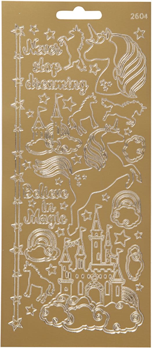 Stickers, unicorn, vel 10x23 cm, goud, 1 vel