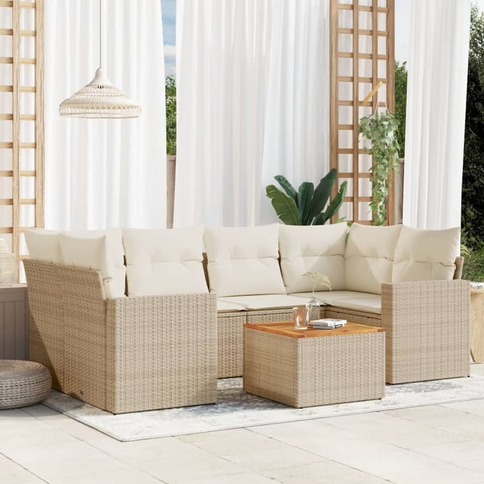 vidaXL - 7-delige - Loungeset - met - kussens - poly - rattan - beige