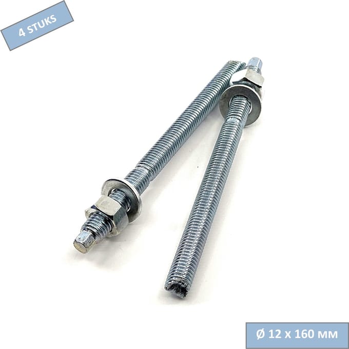 UFAST ankerstang - M12 x 160 mm - Moer + sluitring - Verzinkt - 4 stuks
