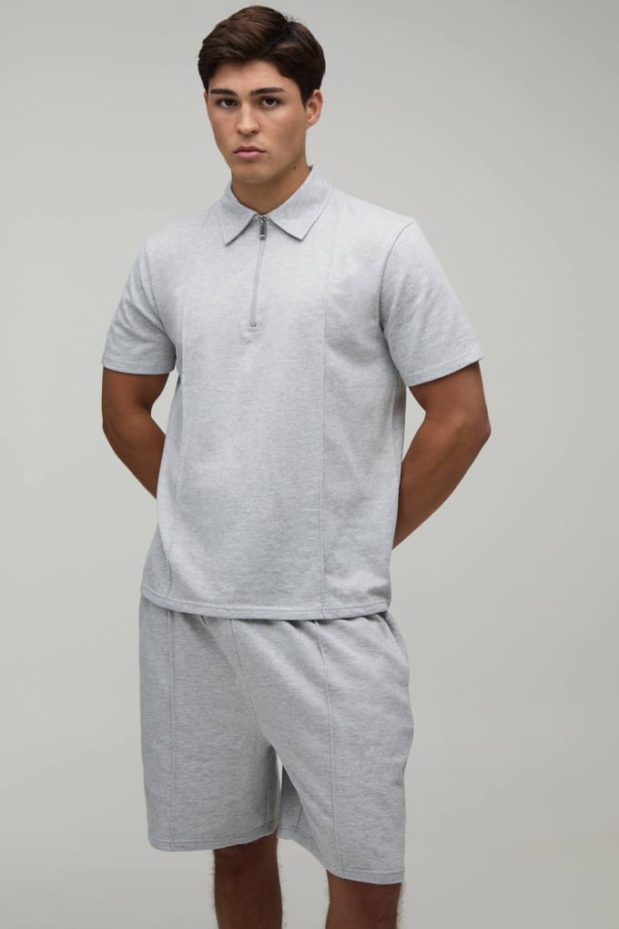 Regular Fit Polo En Short Set Met Naaddetail En 1/4 Rits | Grey Marl | Size Medium