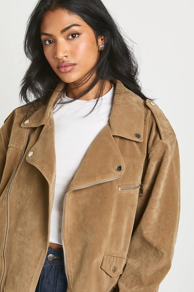 boohoo Dames Suede Look Oversized Biker Jacket | Taupe | Maat: 10