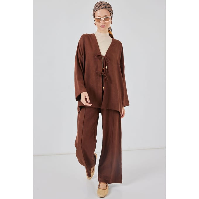 V-hals cardigan en brede broek set