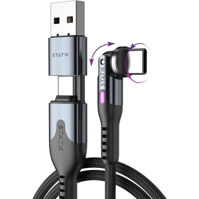 Statik PowerPivot Pro 360 - USB-C/USB-A naar USB-C- 1m - 100W - 480 Mbps Gegevensoverdracht - Nylon Gevlochten - Zwart