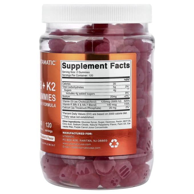 Vitamatic, D3 + K2 Gummies, Natuurlijke Framboos, 240 Gummies