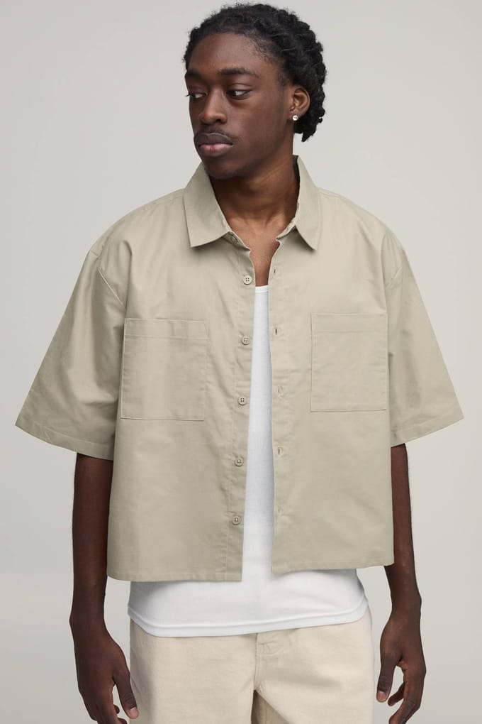 Oversized Crop Half Sleeve Oxford Shirt | Beige | Size Medium