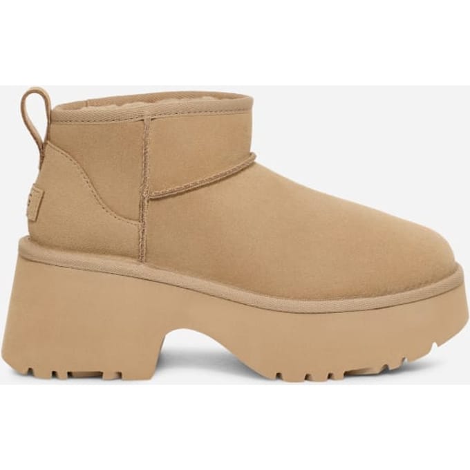UGG® Classic Ultra Mini New Heights Boot in Brown, Size 10, Suede/Polyester/Wool