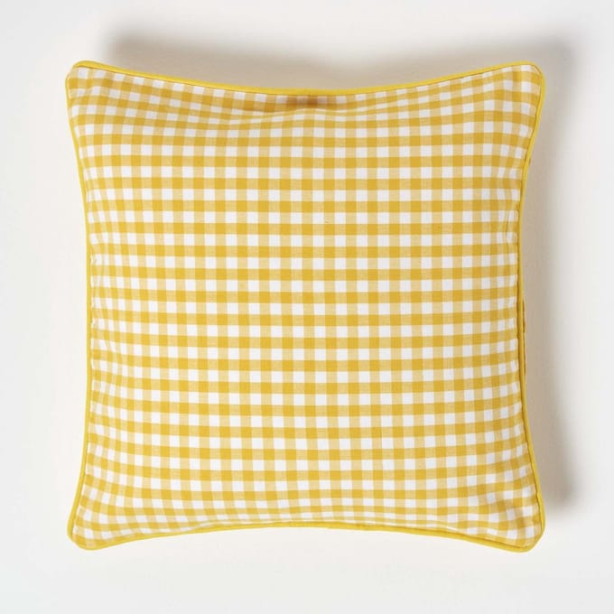Homescapes Gingham katoenen kussenhoes 45 x 45 cm geel