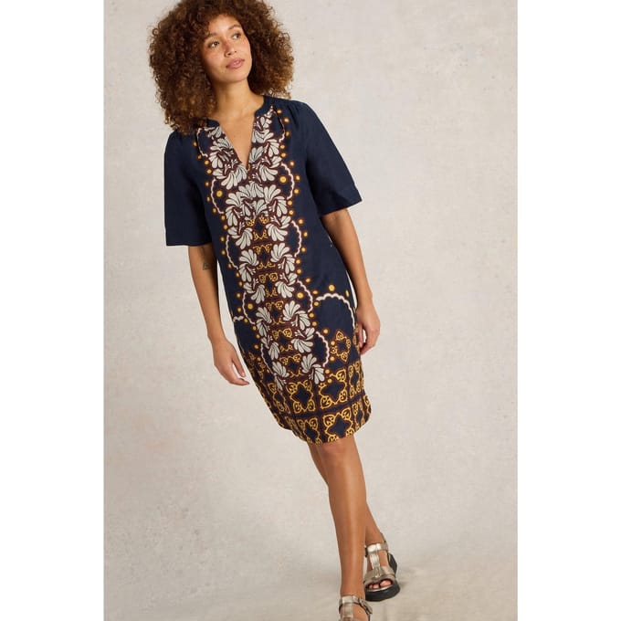 White Stuff June Linen Dress Navy Multi Größe: 8 REGULAR | Midikleider Outlet | Damen | Weiß