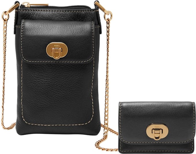 FOSSIL Leren telefoontasje schoudertas Harper Phone Bag Black zwart