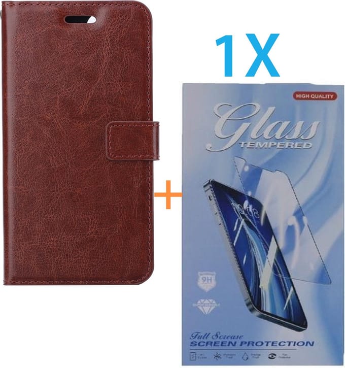 Bookcase Geschikt voor: Apple iPhone 15 Plus - Bruin - portemonnee hoesje - + 1X Tempered Glass Screenprotector