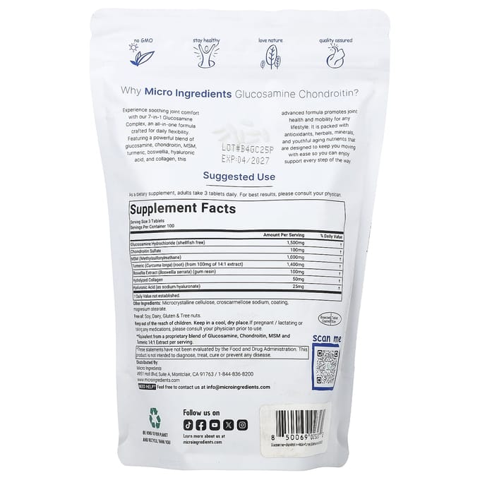 Micro Ingredients, Glucosamine Chondroïtine, MSM, en Kurkuma, 300 Tabletten