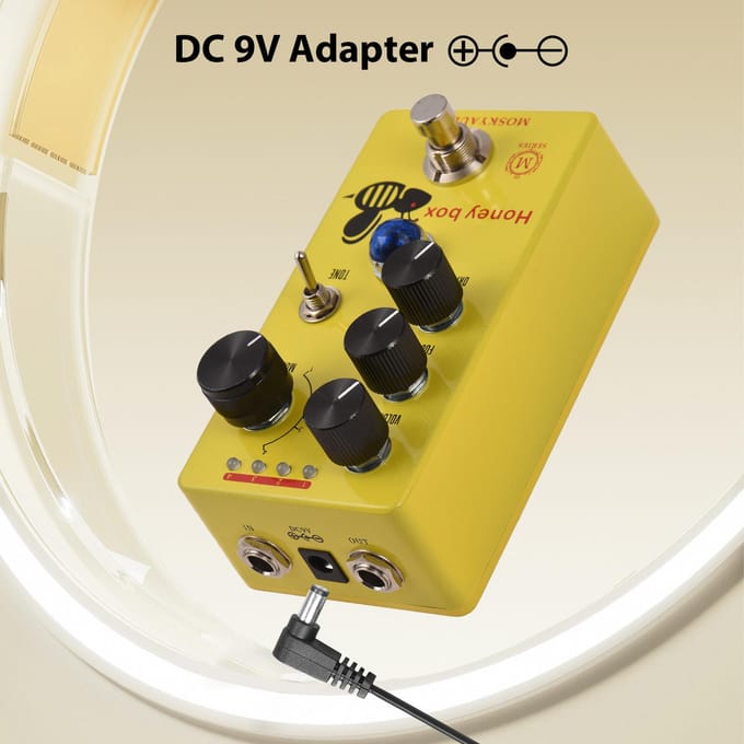 MOSKYAUDIO HONEY BOX DRIVE Gitaar Overdrive Effectpedaal Volume/Drive/Focus/4-Modus Knop DC 9V geel