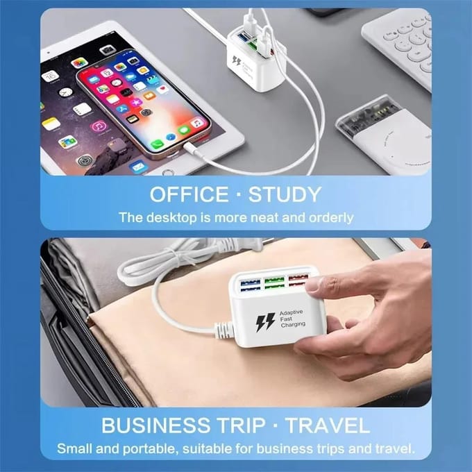 Snelle USB-oplader 6-in-1 Stekkerdoos Desktop Laadstation Snellaadkabel 1m USB HUB Adapter Stopcontact IOS Android Universeel bleke pruimkleur